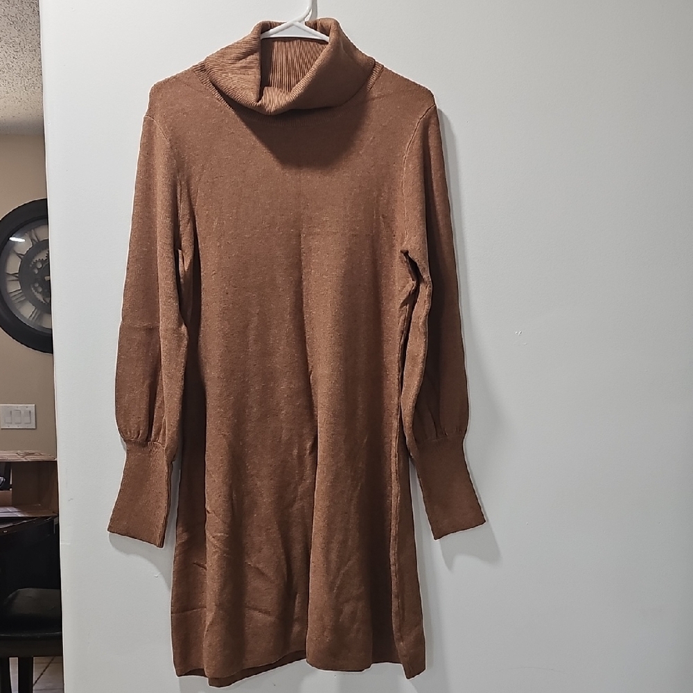 Tahari Sweater Dress Womens Large Pullover Turtleneck Knee Length Brown.
